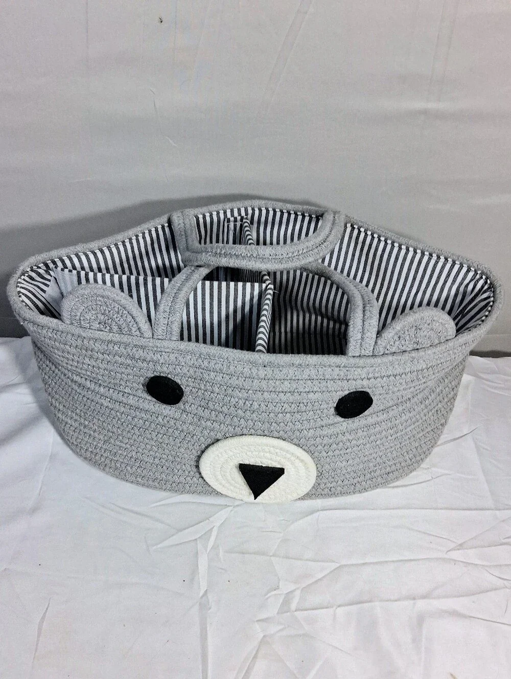 Woven Cotton Bear Faced Handles 3 Adjustable Dividers Baby Diaper Bag Organizer